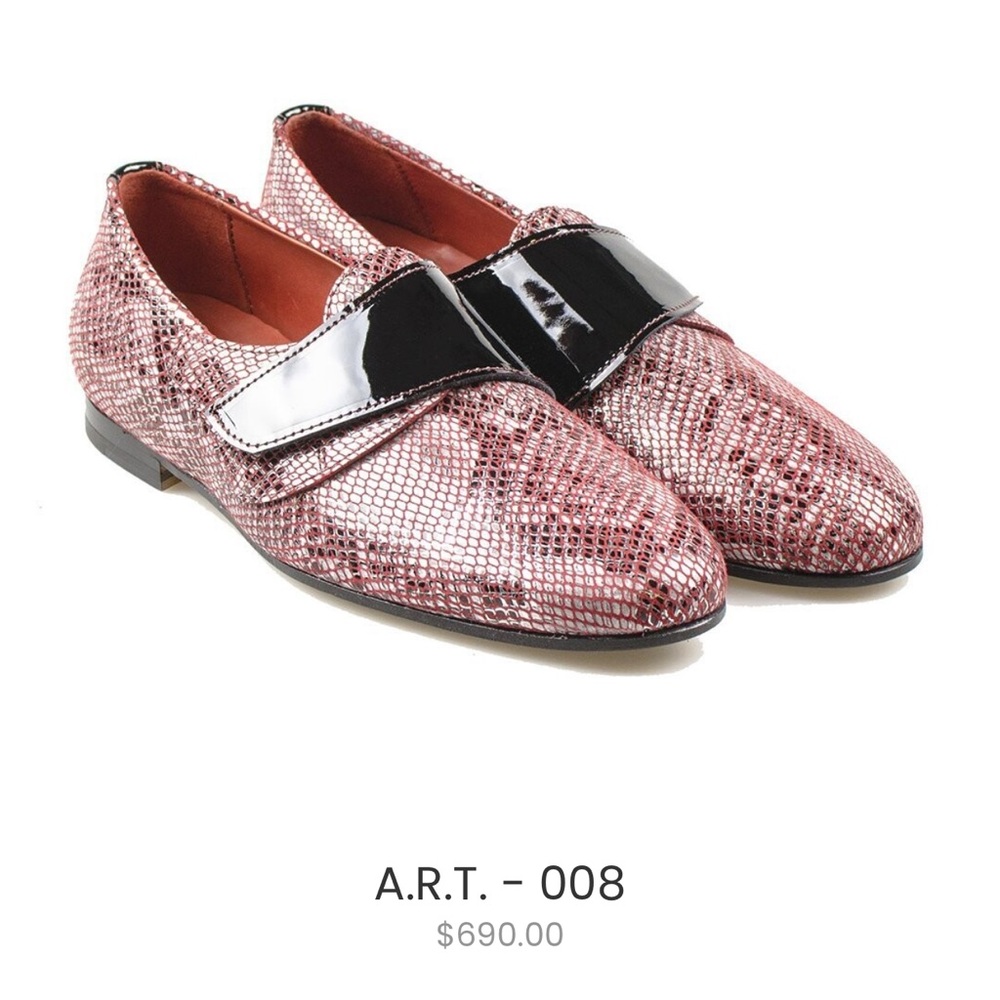 Anel pink metallic snake print strap loafers